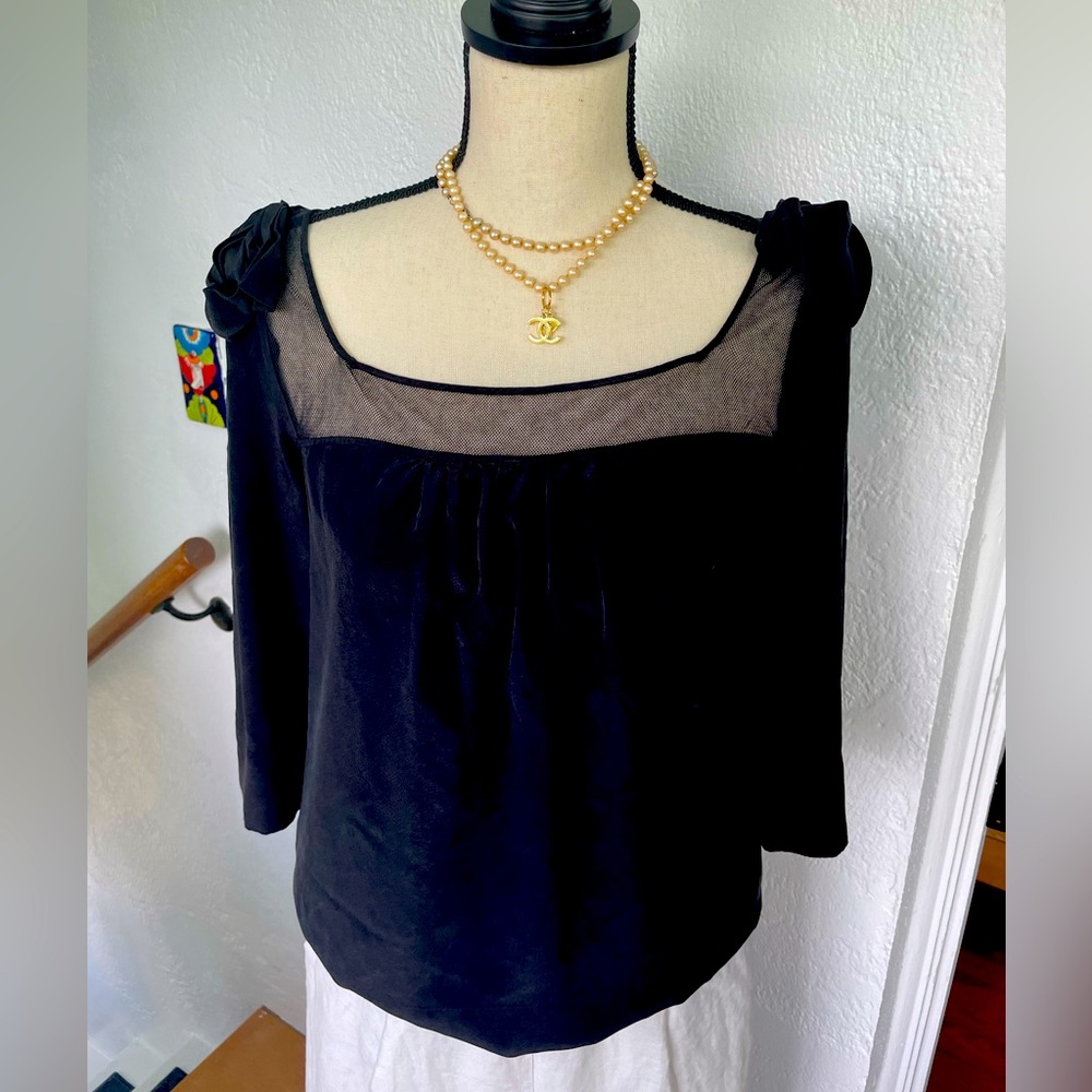 Rebecca Taylor Square Neckline Silk‎ Blouse w/shoulder Bow Detail Size 4